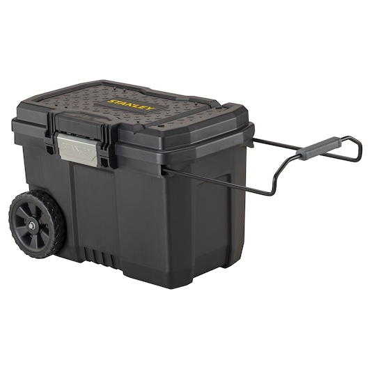 STANLEY STST33090-1 black wheeled tool box with extendable handle, angled on white background.