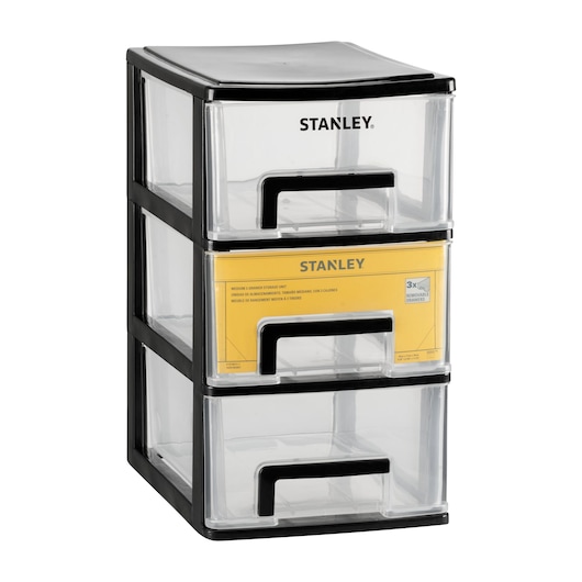 STANLEY STST40711-1 medium storage unit with 3 clear drawers, black frame, front angle photo.