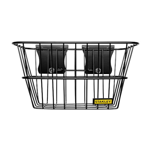 STANLEY STST82603-1 black wire wall basket, photography, front angle, yellow logo.