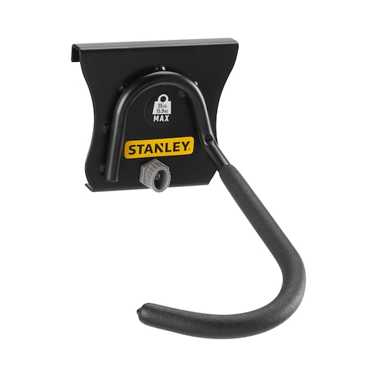 STANLEY STST82616-1 black wall storage hook, side angle, with yellow logo and textured grip.