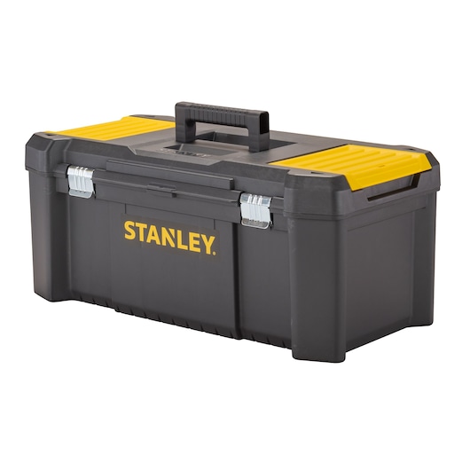 STANLEY STST82976-1 black and yellow toolbox, front angle, metal latches and top handle.