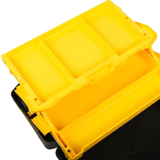 STANLEY STST83397-1 toolbox with open yellow tray and compartments, top angle on white background.
