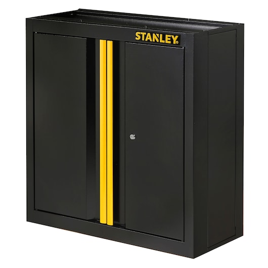 Black STANLEY wall cabinet with yellow accents and two doors, designed for storage and organization.