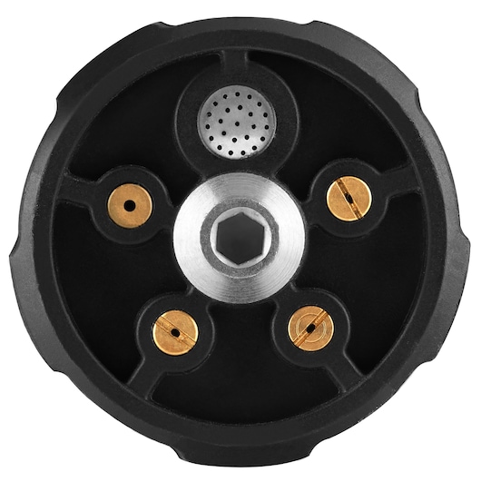 Photo of STANLEY STZ51N1 photography accessory, black circular part with silver and brass elements, top view.