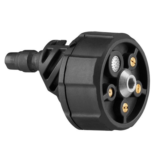 Photo of STANLEY STZ51N1 adapter, black plastic with metal insert, angled on white background.
