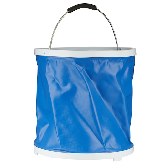 Photo of STANLEY STZB1 blue collapsible bucket with white rim and metal handle, front angle.