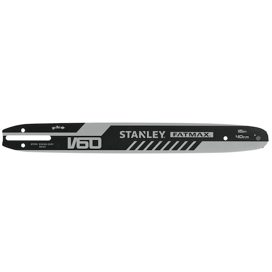 Photo of STANLEY STZCS1240 chainsaw bar, black and silver, 16in/40cm, FATMAX V60, side angle.