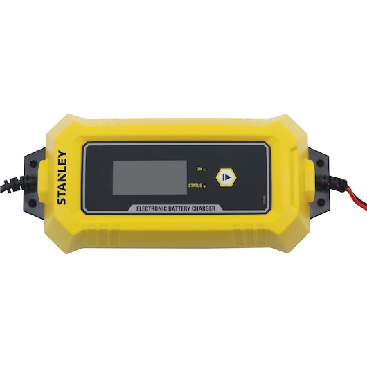 Yellow STANLEY electronic battery charger with display and status indicators.