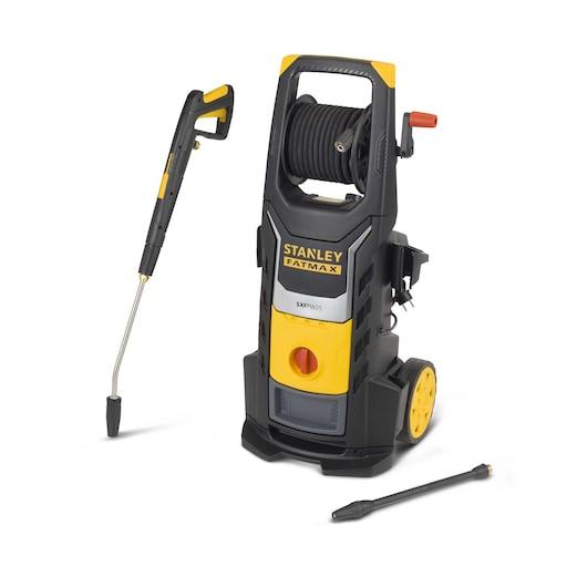 Stanley Fatmax SXFPW25 pressure washer with hose, wheels, spray gun, and nozzle accessory.