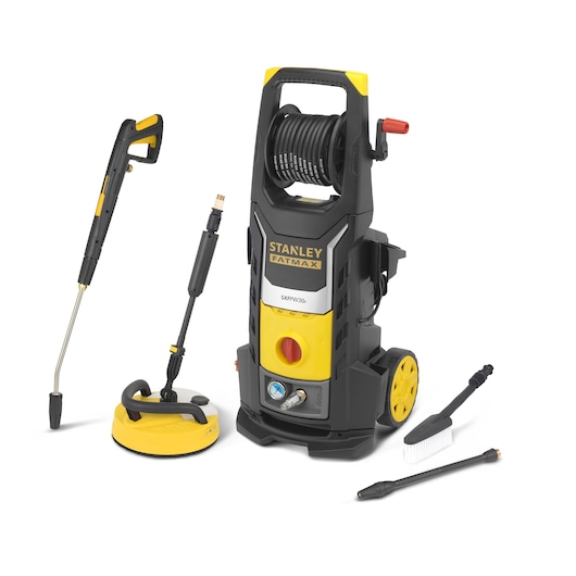 Stanley Fatmax SXFPW30PE pressure washer with hose, brush, lance, and floor cleaner attachments.