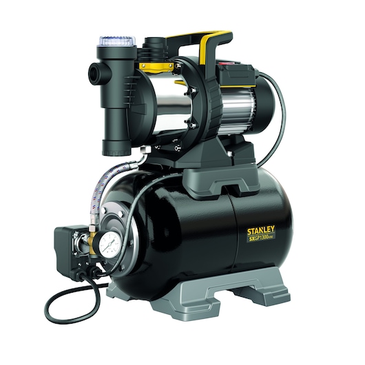Stanley SXGP1300XFBE water pump with pressure gauge and tank, used for home or garden irrigation.