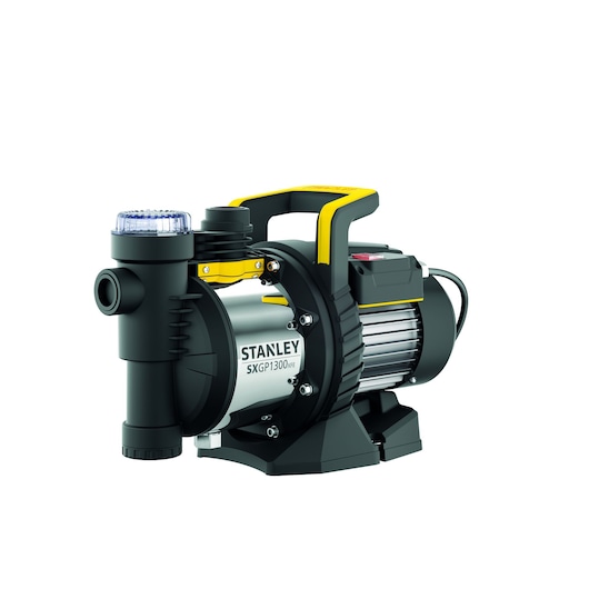 Stanley SXGP1300XFE electric water pump with handle, black and silver, used for water transfer.