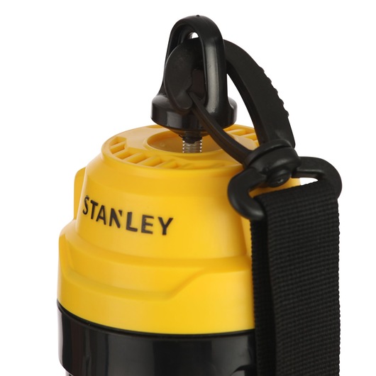 STANLEY SXLS31322ES yellow lantern top with black hanging hook and strap, close-up photography.
