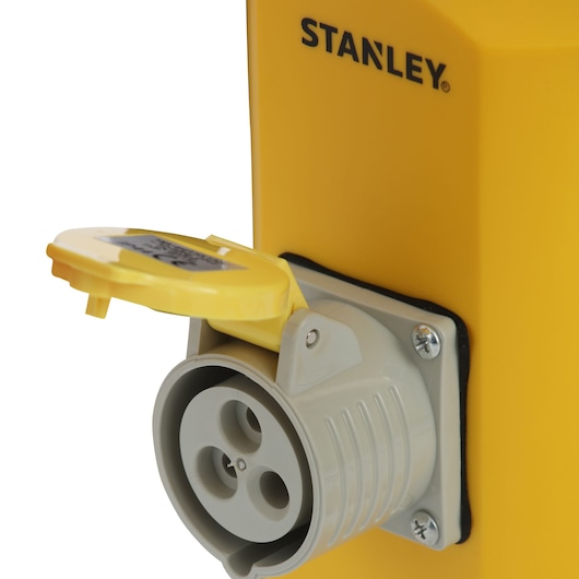 STANLEY SXLS31322ES yellow power outlet with gray socket and open protective cover, close-up angle.