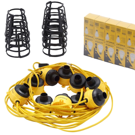 STANLEY SXLS31361ES yellow string work light set with black bulb guards and boxes of LED bulbs, angled view.
