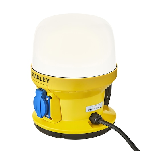 STANLEY SXLS36986E yellow LED work light with blue outlet, side angle on white background.