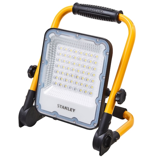 STANLEY SXLS37177E LED work light with yellow frame, front angle on white background.
