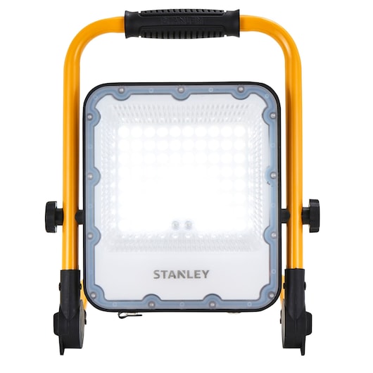 STANLEY SXLS37178E portable LED work light, yellow frame, front angle on white background.