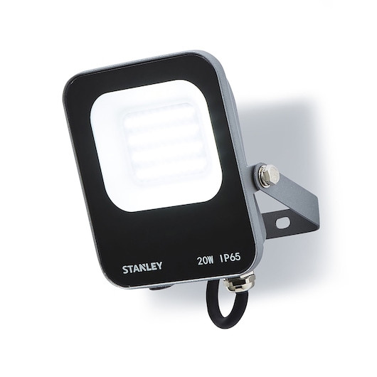 STANLEY SXLS38687E LED floodlight, black and grey, wall mounted, 20W, IP65, front angle on white background.