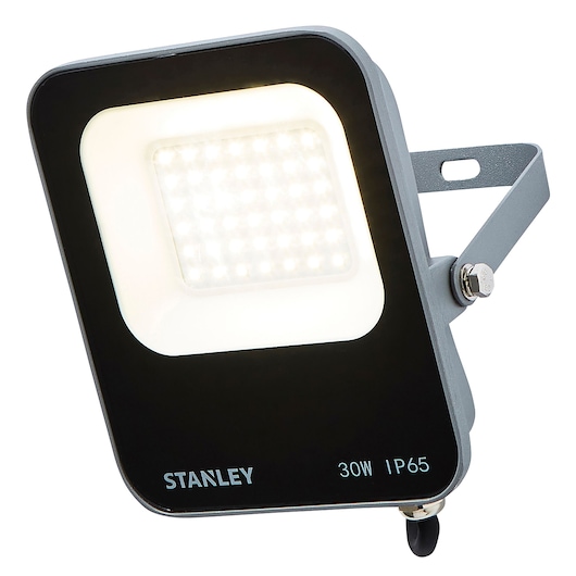 Photo of STANLEY SXLS38688E LED floodlight, black face, grey mounting bracket, 30W, IP65, angled view.