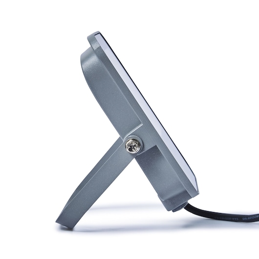 STANLEY SXLS38688E LED floodlight side view, grey frame with mounting bracket and cable, photography.