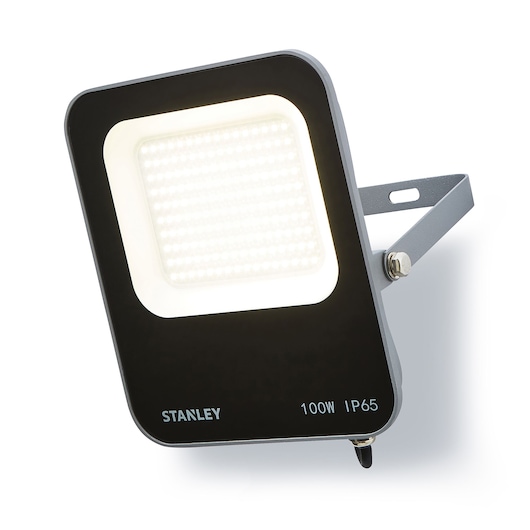 Stanley SXLS38690E LED floodlight, black square design, front angle, 100W IP65, metal mounting bracket.