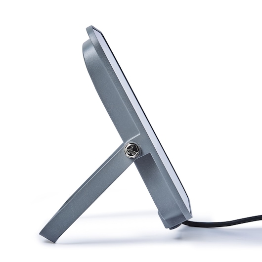 Photo of STANLEY SXLS38690E work light, side view, showing grey frame, adjustable stand, and power cord.