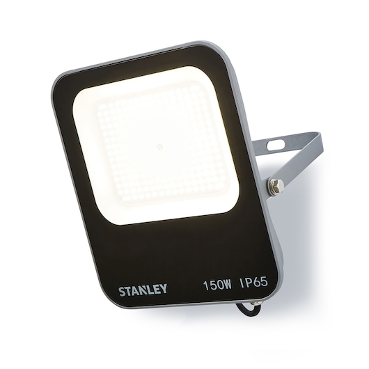 STANLEY SXLS38691E LED floodlight, black and gray, 150W, IP65 rating, front angle on white background.