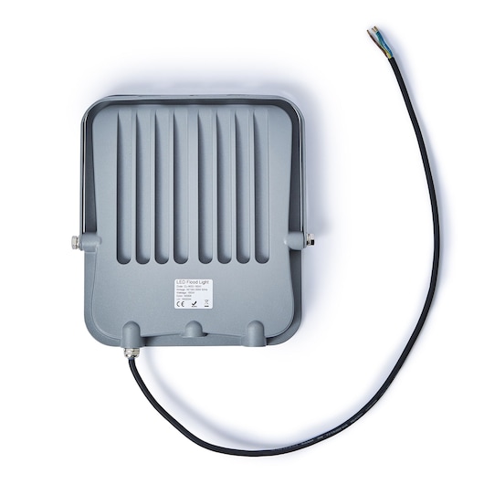 STANLEY SXLS38691E outdoor grey LED floodlight rear view with attached black power cable, photography on white background.