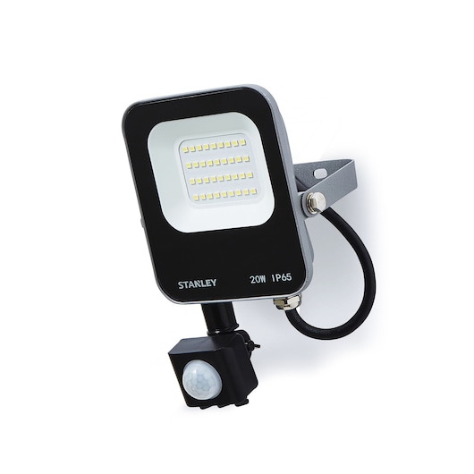 STANLEY SXLS38693E LED floodlight with motion sensor, black and white, 20W, photographed at angle on white background.