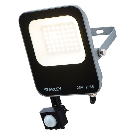 STANLEY SXLS38694E LED floodlight with motion sensor, 30W, IP65, angled front view on white background.