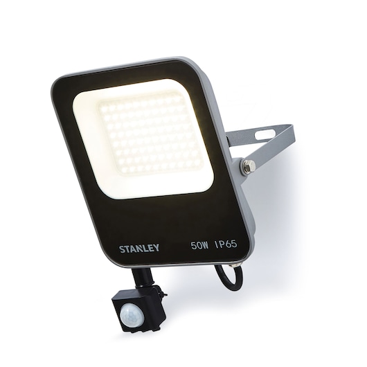 STANLEY SXLS38695E LED floodlight with motion sensor, black, product photography on white background.