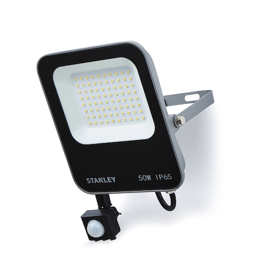STANLEY SXLS38695E LED floodlight with motion sensor, black and white, side angle, for outdoor use.