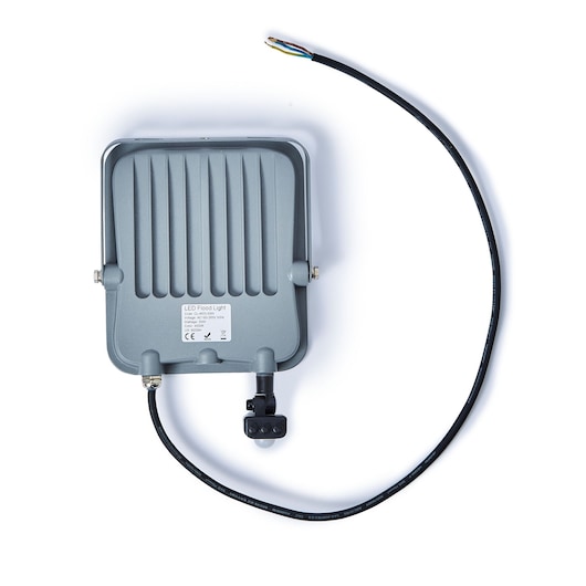 STANLEY SXLS38695E LED flood light rear view, gray casing with attached wiring.