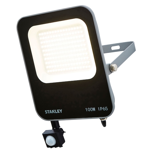 STANLEY SXLS38696E 100W IP65 LED floodlight with motion sensor, angled front view on white background.