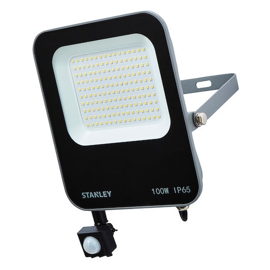 STANLEY SXLS38696E black LED floodlight with sensor, 100W, IP65, product side angle on white background.