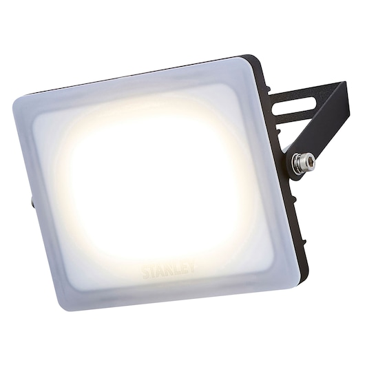 STANLEY SXLS38929E LED floodlight with square frosted lens, black mounting bracket, front angle on white background.