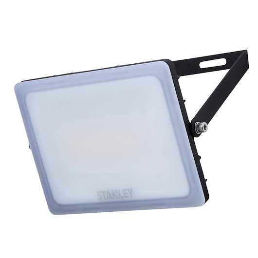 STANLEY SXLS38930E LED floodlight, square shape, black mount, front angle on white background.
