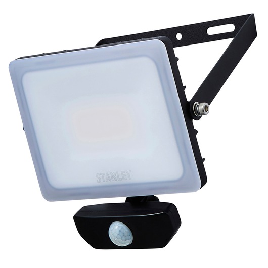 STANLEY SXLS38935E LED floodlight with motion sensor, black frame, front angle on white background.
