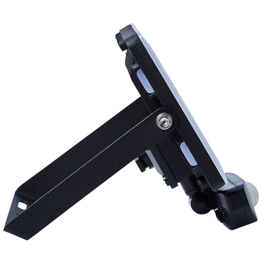 Photo of STANLEY SXLS38935E black outdoor LED floodlight with motion sensor, side angle on white background.