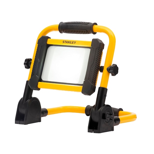 Photo of STANLEY SXLS41224E yellow and black portable LED work light, front angle on white background.