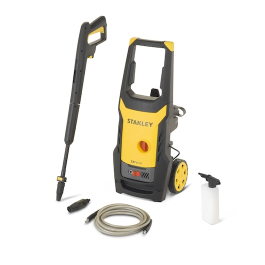 Stanley SXPW14E pressure washer with hose, spray gun, nozzle, and detergent bottle on white background.