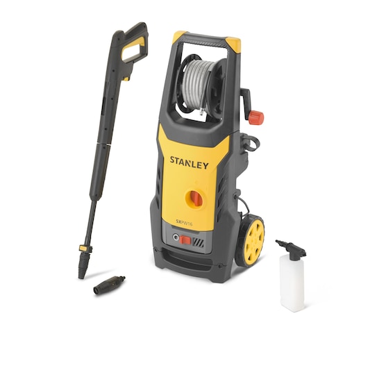Stanley SXPW16E yellow and black pressure washer with hose, spray gun, nozzle, and detergent bottle.