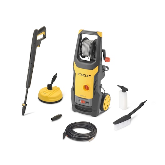 Stanley SXPW16PE pressure washer with accessories: hose, brush, sprayer, rotary cleaner, and lance.