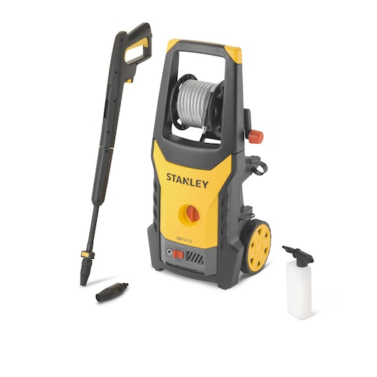 Stanley SXPW18E pressure washer with hose, spray gun, nozzle, and detergent bottle on white background.