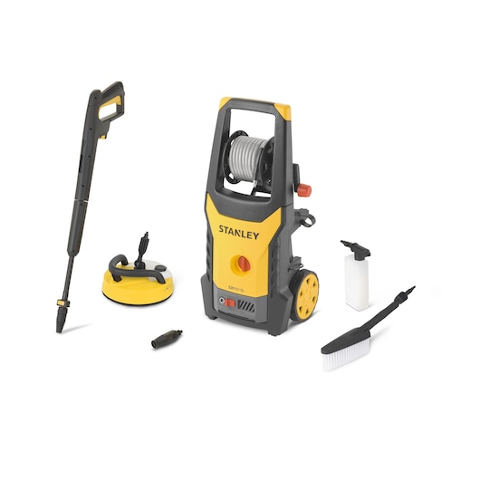 Stanley SXPW18PE pressure washer with accessories including brush, spray gun, and detergent bottle.
