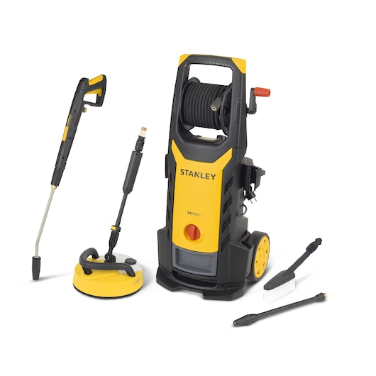 Stanley SXPW21HPE pressure washer with hose, lance, brush, and accessories on a white background.
