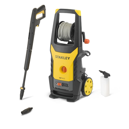 Stanley SXPW22E pressure washer with hose, spray gun, nozzle, and detergent bottle.