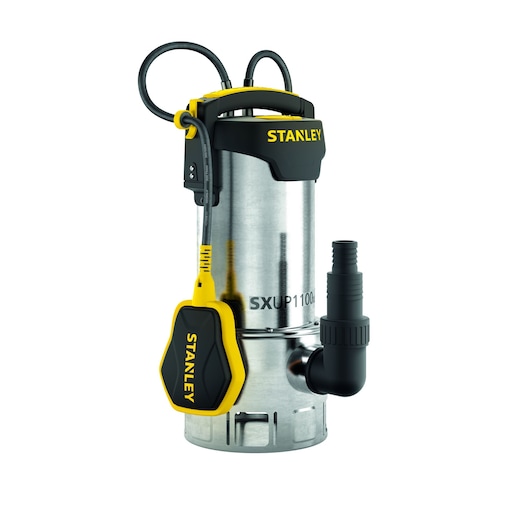 Stanley SXUP1100XDE submersible pump for water drainage, with yellow and black handle and connector.