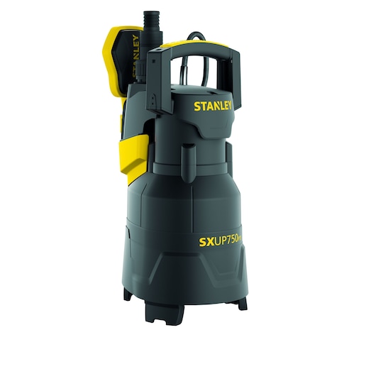 STANLEY SXUP750PTE water pump in black and yellow, shown standing upright on a white background.